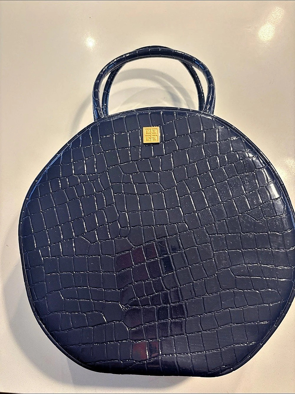 Givenchy Vintage Croc-Embossed Round Vanity Train Case Blue